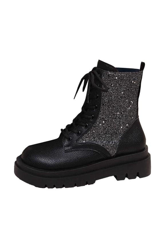 Women's Ankle Boots Stylish Ankle Boots With Round Toe Sequin Patchwork Lace Up Design Thick Sole And Heels For Fashion Forward 7 Black