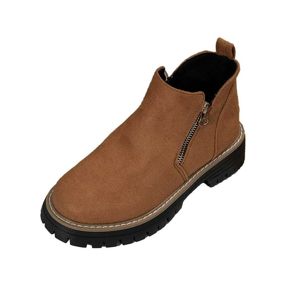 Xiaoxatg Women's Ankle Boots Stylish Side Zipper On Heel Booties Comfortable Round Toe Casual Footwear for Women 7 Brown