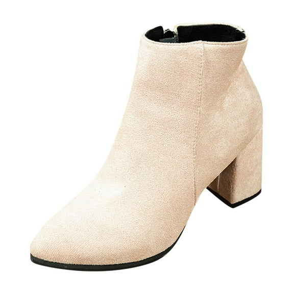 Women's Ankle Boots Suede Short Boots Pointed Toe Side Zipper Mid Heel Casual Spring Fall Footwear Beige,36