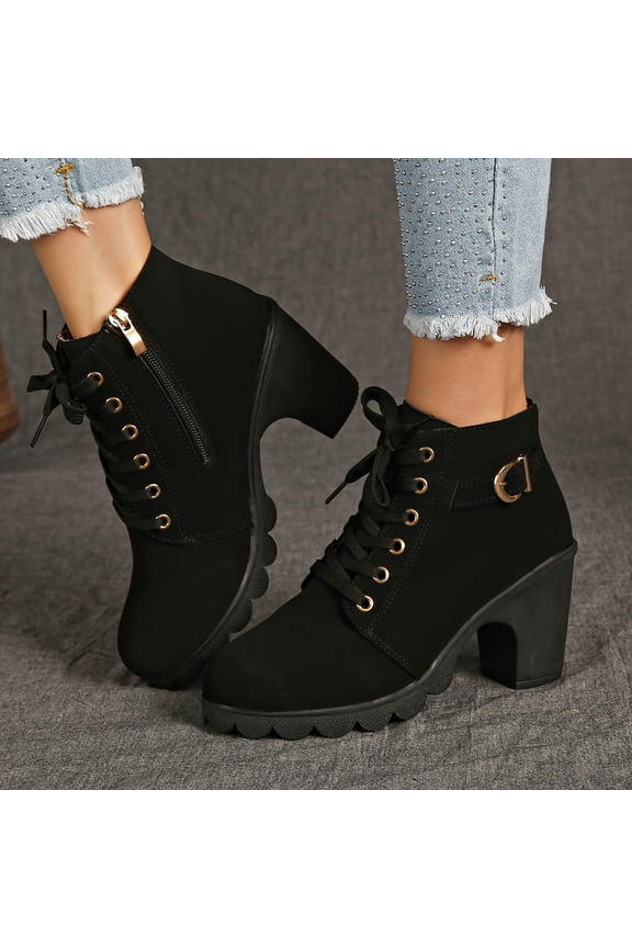Women's Ankle Boots Thick Mid Heel Lace Up Round Toe Platform Ankle Booties Solid Versatile Comfortable Combat Boots (Black,38)