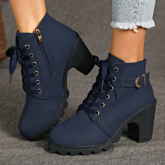 Women's Ankle Boots Thick Mid Heel Lace Up Round Toe Platform Ankle Booties Solid Versatile Comfortable Combat Boots (Blue,38)