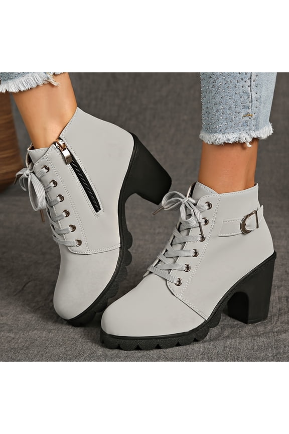 Women's Ankle Boots Thick Mid Heel Lace Up Round Toe Platform Ankle Booties Solid Versatile Comfortable Combat Boots (Gray,36)