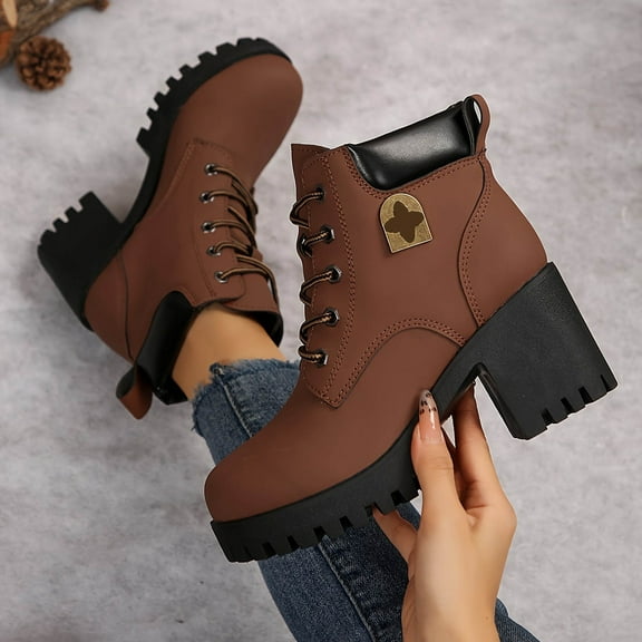 Women's Ankle Boots Thick Mid Heel Lace Up Round Toe Platform Ankle Booties Solid Versatile Comfortable Combat Boots (Orange,38)