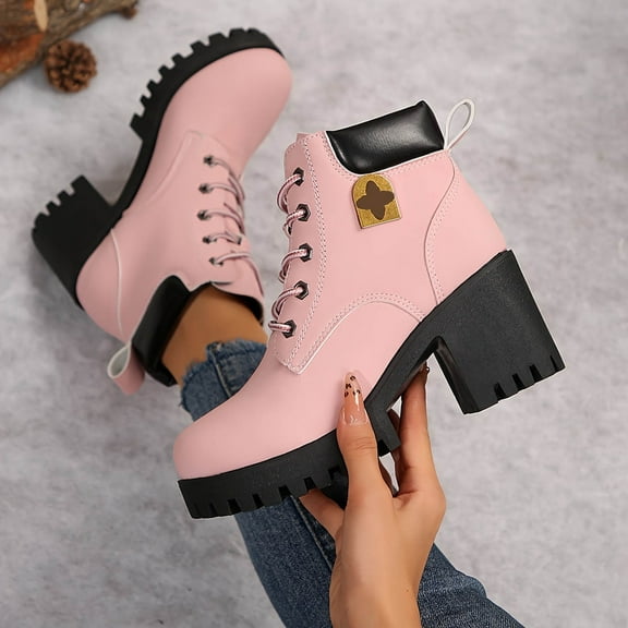 Women's Ankle Boots Thick Mid Heel Lace Up Round Toe Platform Ankle Booties Solid Versatile Comfortable Combat Boots (Pink,38)