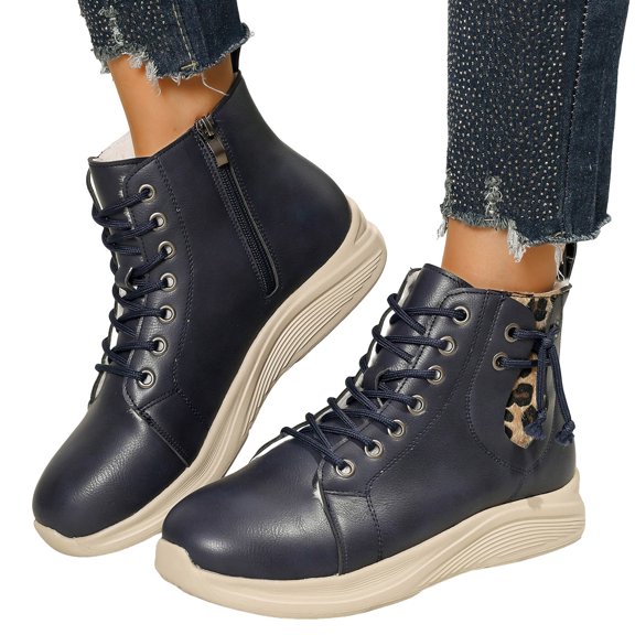 Women's Ankle Boots Waterproof Leather Round Toe Lace up Zipper Winter Booties Leopard Print Strappy Warm Furry Lined Snow Boots Platform Soft Sole Cold Weather Sneakers Navy Size 9