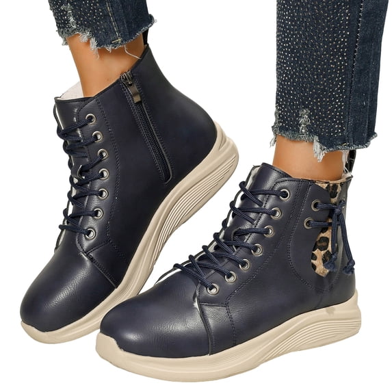 Women's Ankle Boots Waterproof Leather Round Toe Lace up Zipper Winter Booties Leopard Print Strappy Warm Furry Lined Snow Boots Platform Soft Sole Cold Weather Sneakers Navy Size 9.5