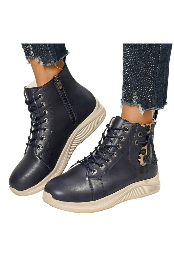 Women's Ankle Boots Waterproof Leather Round Toe Lace up Zipper Winter Booties Leopard Print Strappy Warm Furry Lined Snow Boots Platform Soft Sole Cold Weather Sneakers Navy Size 9