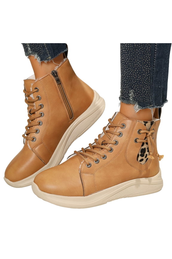 Women's Ankle Boots Waterproof Leather Round Toe Lace up Zipper Winter Booties Leopard Print Strappy Warm Furry Lined Snow Boots Platform Soft Sole Cold Weather Sneakers Yellow Size 9