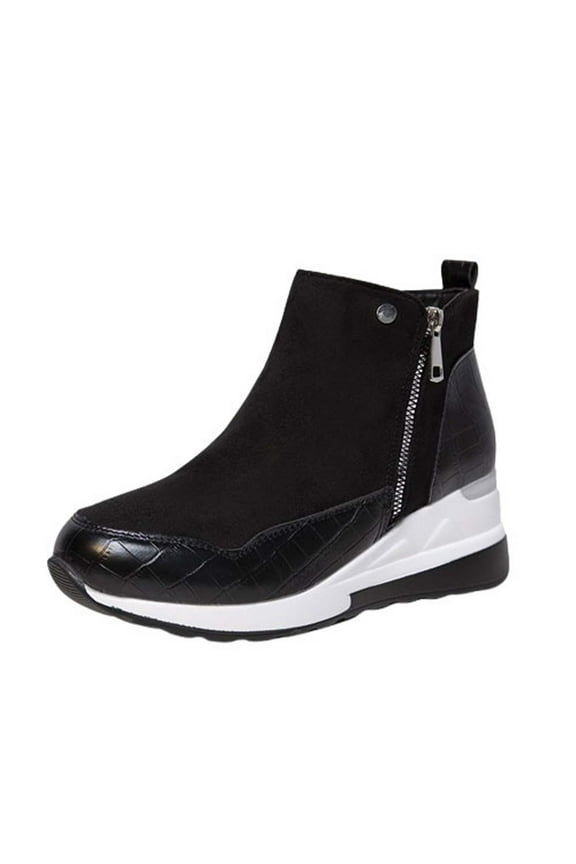 Women's Ankle Boots Wedge Heel Zipper Shoes Suede Leather Sneakers Comfortable Slip on Fall Winter Warm Outdoor Black 43