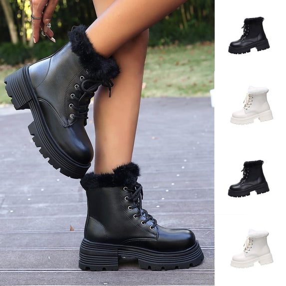 Women's Ankle Boots Women Versatile Thick-Soled Chunky Heels Fall Winter Comfortable Lace-up Thickened Velvet Round Toe Warm Short Snow Boots