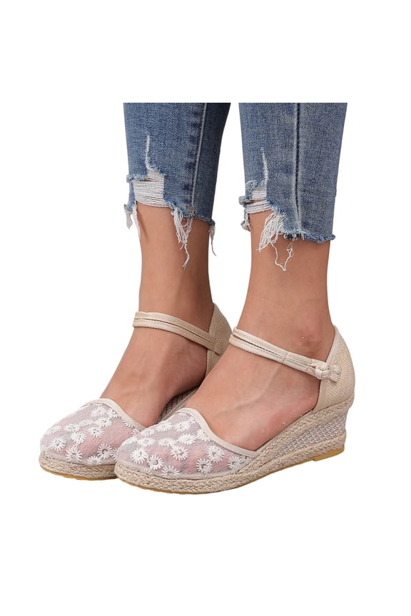 Women's Ankle Buckle Strap Closed Toe Wedge Sandals Retro Lace Breathable Platform Sandal Casual Espadrilles Dress Shoes Black Size 9