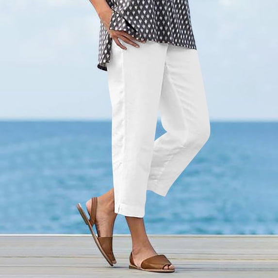 Women's Ankle Length Linen Pants Solid Color Elastic Waist Linen Versatile Straight Tube Casual Wide Leg Pants