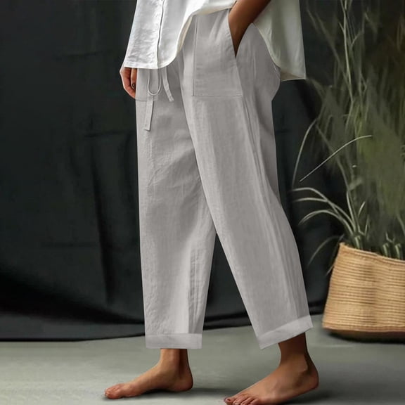 Women's Ankle-Length Straight Leg Casual Pants in Cotton Linen Blend for Spring and Summer