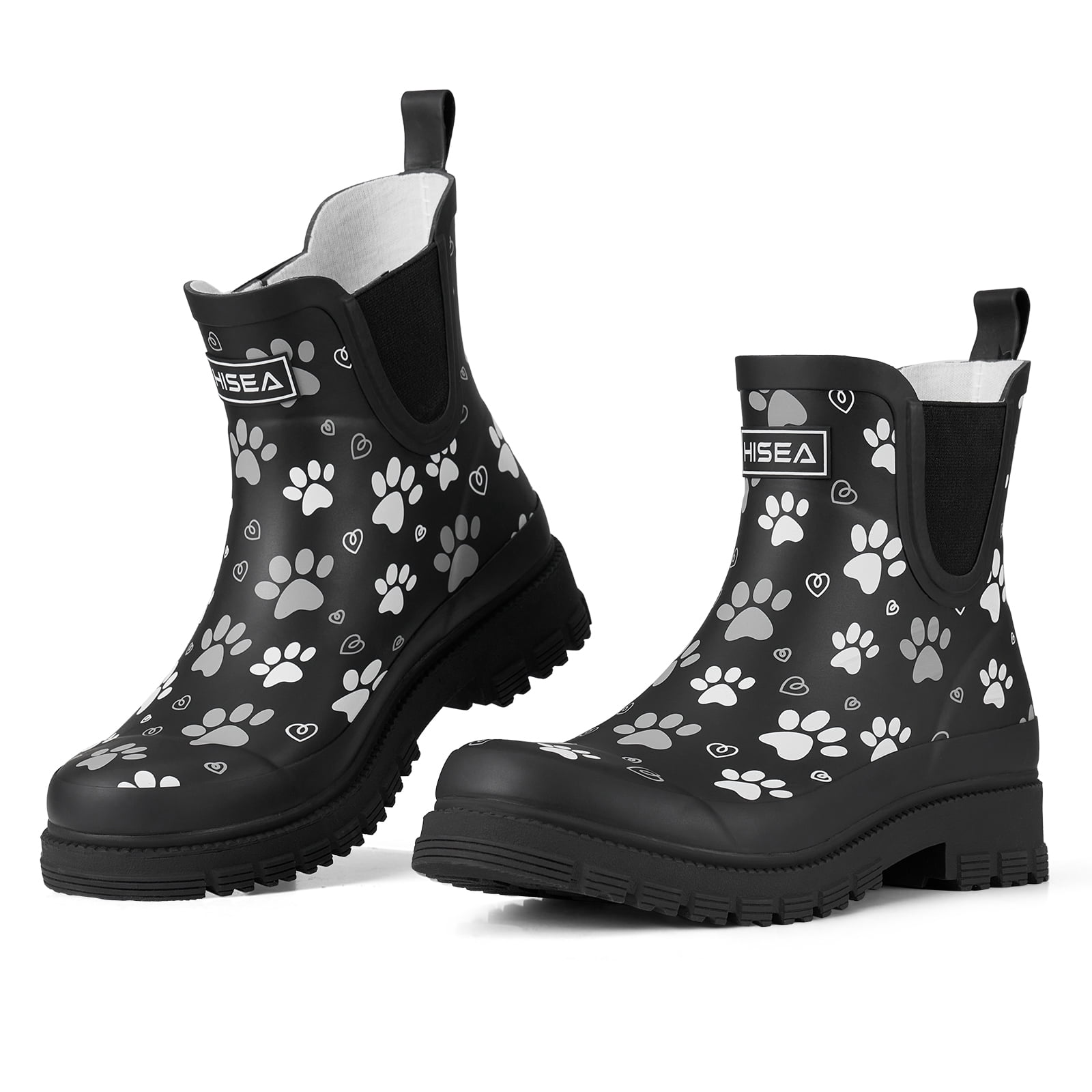 Women's Ankle Rain Boots, Waterproof Chelsea Boots,Matte Black with Paw Print,Size 7