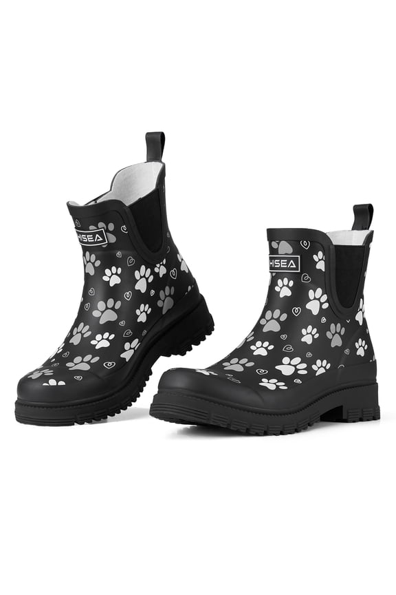 Women's Ankle Rain Boots, Waterproof Chelsea Boots,Matte Black with Paw Print,Size 7