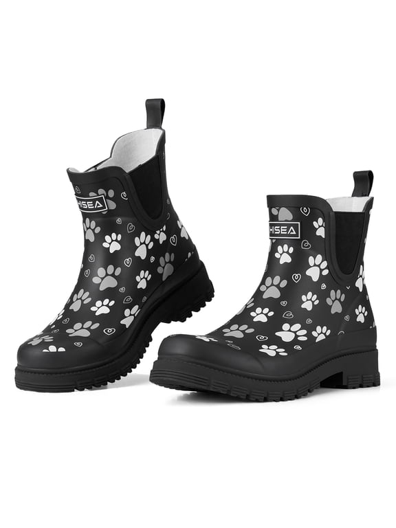 Women's Ankle Rain Boots, Waterproof Chelsea Boots,Matte Black with Paw Print,Size 7