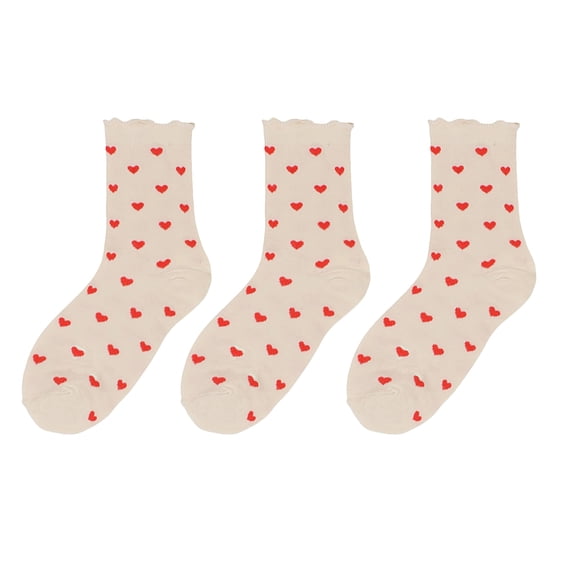 Women's Ankle Socks with Allover Heart Print and Soft Ribbed Cuff Trim - Beige