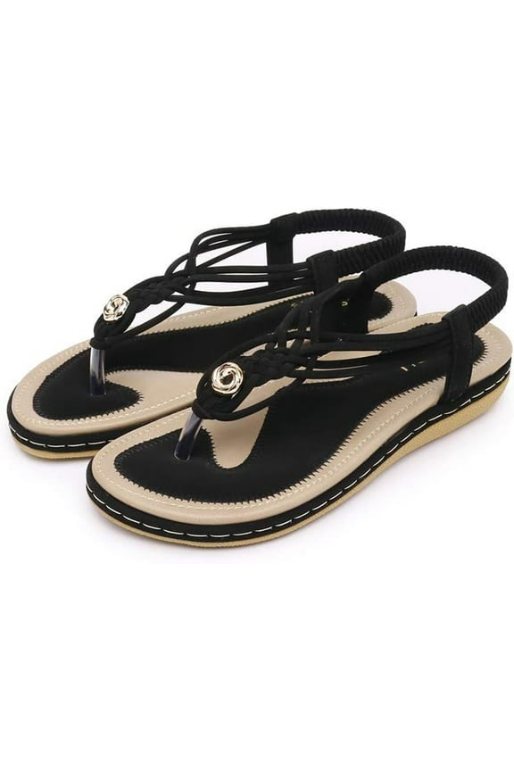 Women's Ankle Strap Flat Sandals Ladies Sandals Peep Toe T-Strap Bohemia Summer Casual Comfy Flip Flop Black 7 US