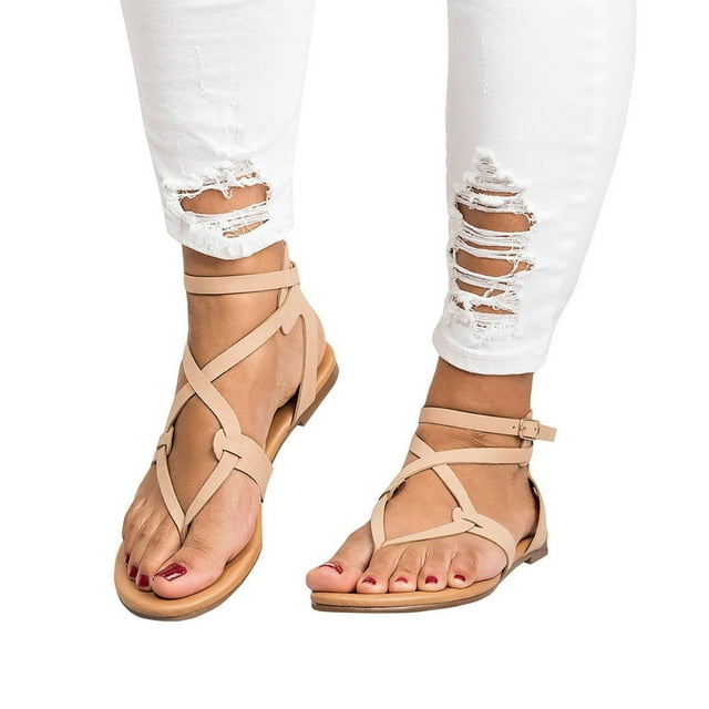 Women's Ankle-Strap Gladiator Sandals Summer Flat Thong Cross Strappy ...