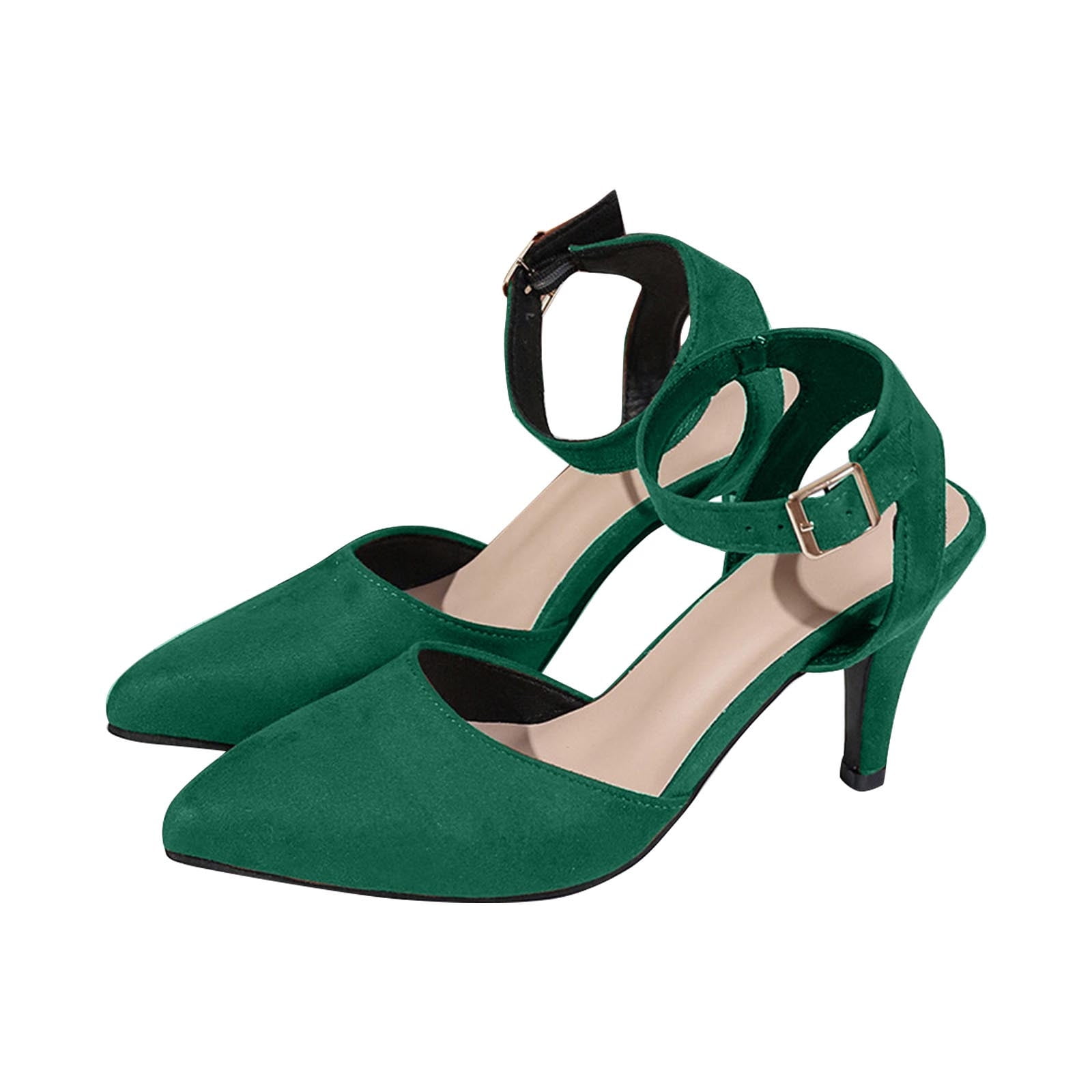 Hopeusnice Women's Ankle Strap High Heels Pointed Toe Buckle Dress Shoes Suede Elegant Party Wedding Comfortable Footwear Green 37, Size: 37 US 6