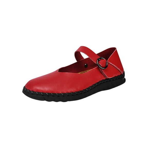 Women's Ankle Strap Mary Jane Flats Retro Round Toe Slip On Ballet Flats Comfortable Work Dress Shoes Red Women Sandal