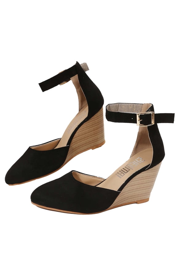 Women's Ankle Strap Wedge Heel Sandals Summer Shoes Buckle Closed Toe Wedge Heels Dressy Comfortable Suede Wedges High Heel Shoes Black 37
