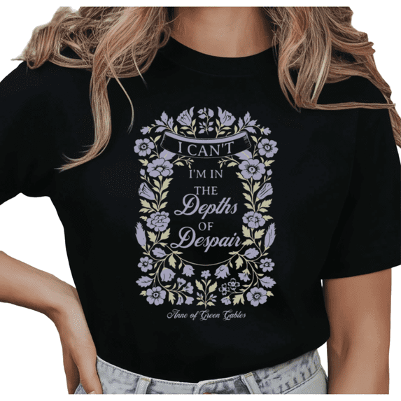 Women's Anne of Green Gables Depths of Despair Graphic T Shirt Vintage Floral Wreath Short Sleeve Round Neck Top Black S-5XL