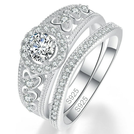Women's Anniversary Ring Set 925 Sterling Silver Vintage Engraving AAA Cubic Zirconia CZ Size 6-9