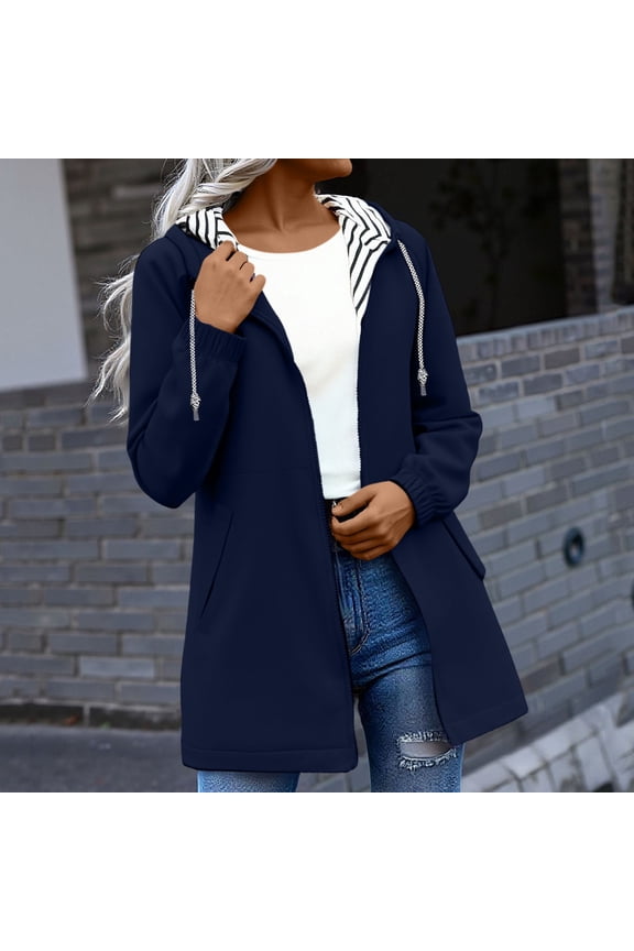 Women's Anorak Jackets Autumn Winter Solid Color Hoodie Pockets Zipper Mid Long Length Jacket,Blue Women's Anoraks M