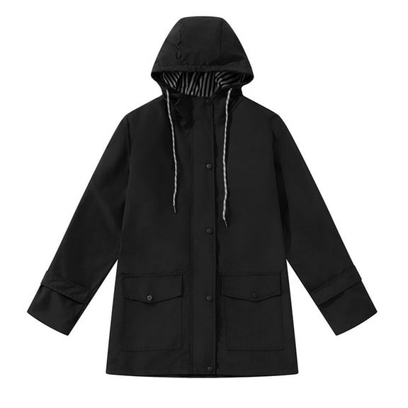 Women's Anorak Windbreaker Jacket Casual Solid Color Striped Outdoor Windproof Hooded Coat With Adjustable Pockets