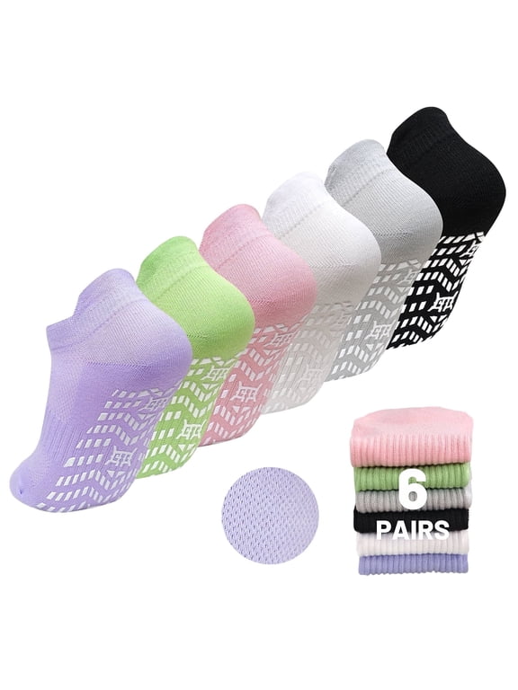 Grip Pilates Socks for Women, PUTUO Non Slip Yoga Sock, Gripper Socks for Athletic Pilates Ballet Workout Hospital, 6 Pairs