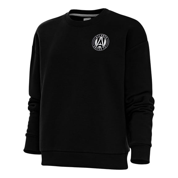 Women's Antigua Black Atlanta United FC Brushed Metallic Logo Victory Crewneck Pullover Sweatshirt