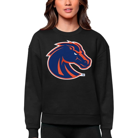 Women's Antigua Black Boise State Broncos Victory Crewneck Pullover Sweatshirt