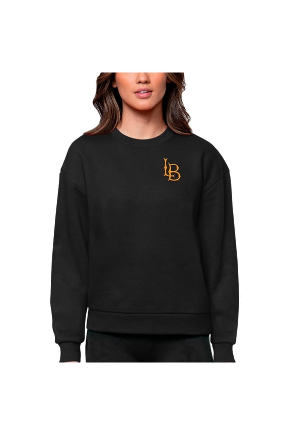 Women's Antigua Black Cal State Long Beach The Beach Logo Victory Crewneck Pullover Sweatshirt