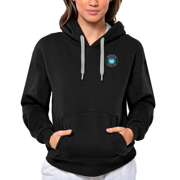 Women's Antigua Black Charlotte FC Team Logo Victory Pullover Hoodie