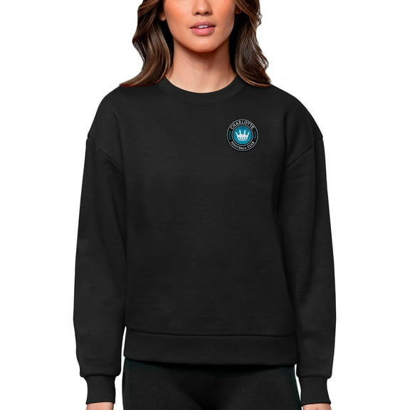 Women's Antigua Black Charlotte FC Team Logo Victory Pullover Sweatshirt