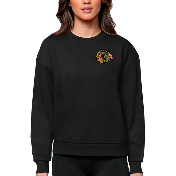 Women's Antigua Black Chicago Blackhawks Primary Logo Victory Crewneck Pullover Sweatshirt