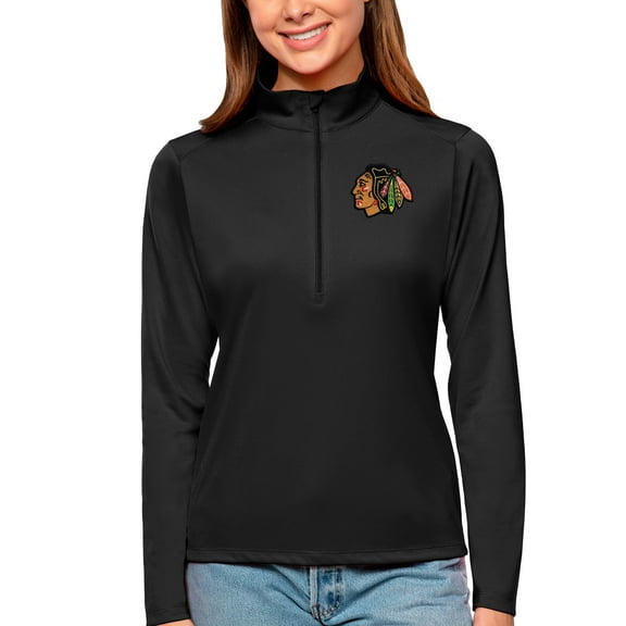 Women's Antigua Black Chicago Blackhawks Tribute Quarter-Zip Pullover Top