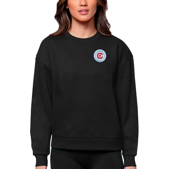Women's Antigua Black Chicago Fire Team Logo Victory Pullover Sweatshirt