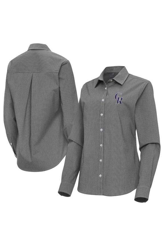 Women's Antigua Black Colorado Rockies Porter Woven Long Sleeve Button-Up Shirt