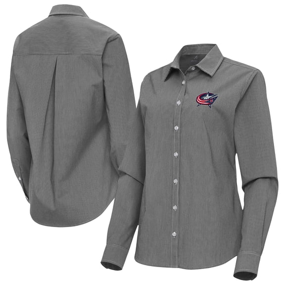 Women's Antigua Black Columbus Blue Jackets Porter Woven Tri-Blend Long Sleeve Button-Up Shirt