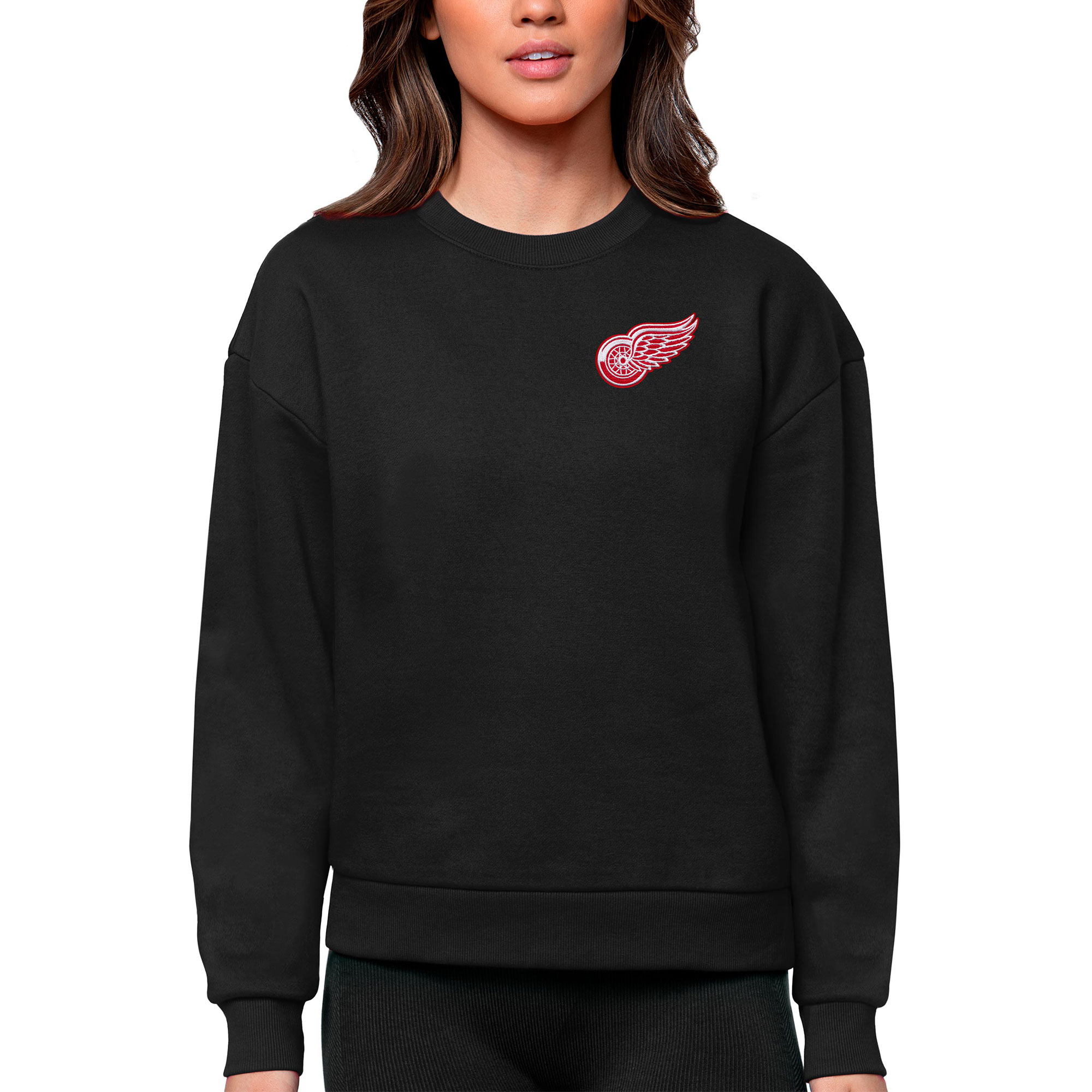 Women's Antigua Black Detroit Red Wings Primary Logo Victory Crewneck Pullover Sweatshirt