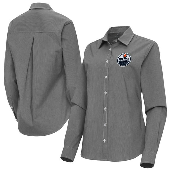 Women's Antigua Black Edmonton Oilers Porter Woven Tri-Blend Long Sleeve Button-Up Shirt