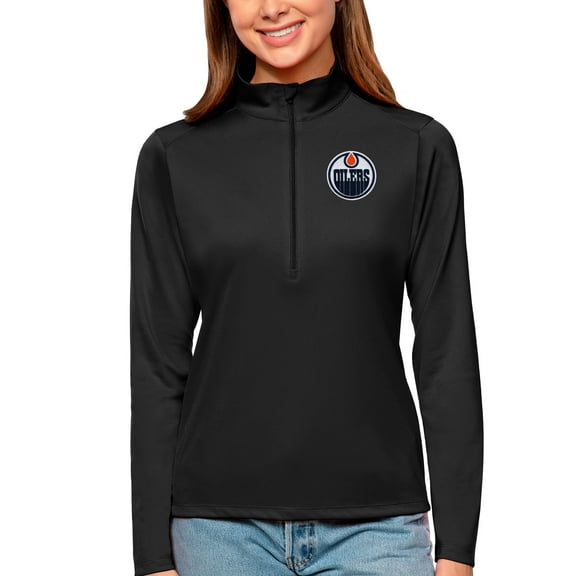 Women's Antigua Black Edmonton Oilers Tribute Quarter-Zip Pullover Top