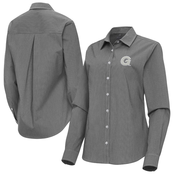 Women's Antigua Black Georgetown Hoyas Porter Woven Tri-Blend Long Sleeve Button-Up Shirt