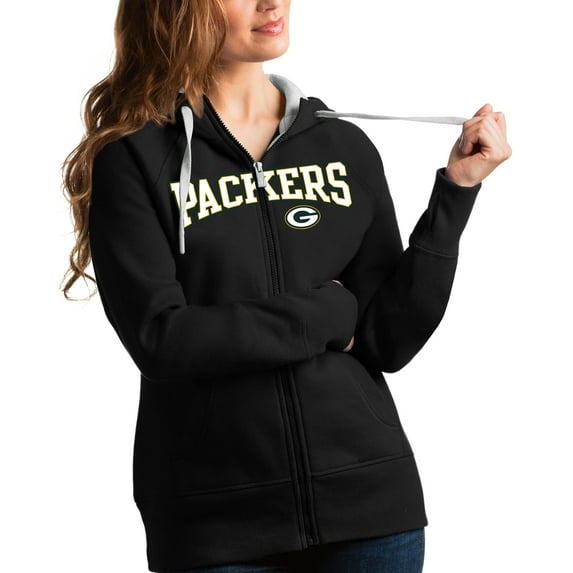 Women's Antigua Black Green Bay Packers Wordmark Victory Full-Zip Hoodie