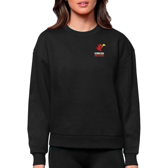 Women's Antigua Black Illinois Tech Scarlet Hawks Victory Crewneck Pullover Sweatshirt