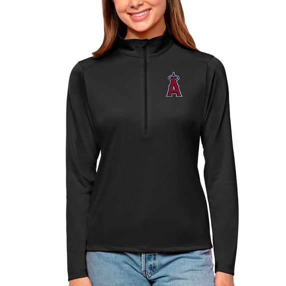 Women's Antigua Black Los Angeles Angels Tribute Quarter-Zip Pullover Top
