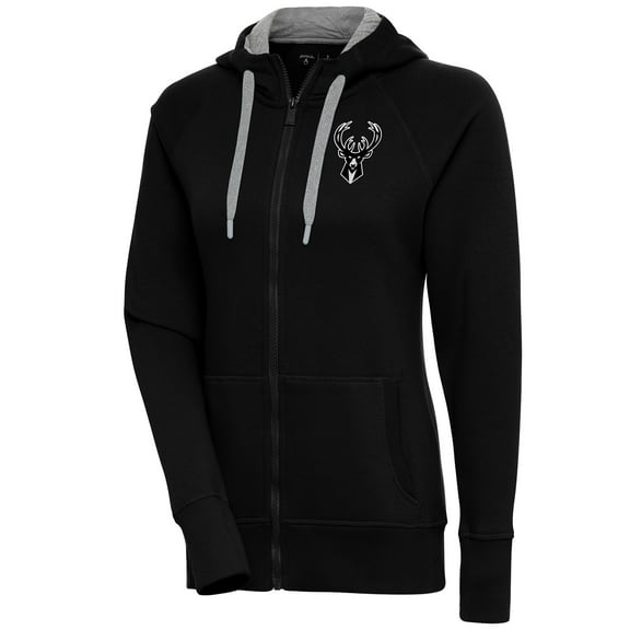 Women's Antigua Black Milwaukee Bucks Brushed Metallic Victory Full-Zip Hoodie