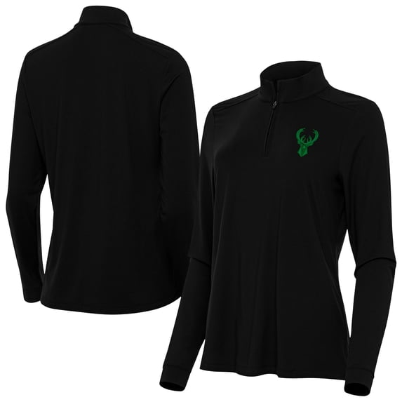Women's Antigua Black Milwaukee Bucks St. Patrick's Day Intent Quarter-Zip Top